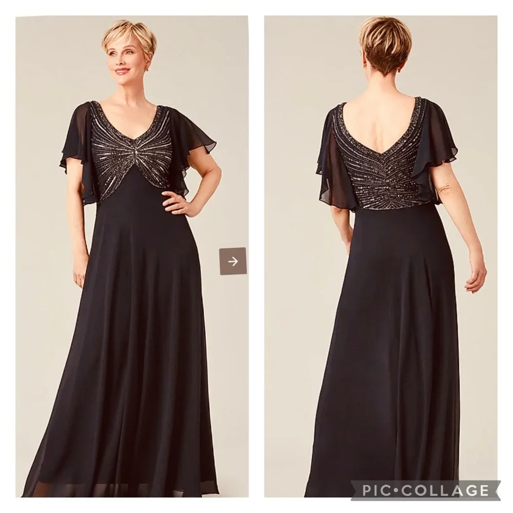 JKARA flutter sleeves fit and flare beaded bodice long gown - Picture 1 of 7